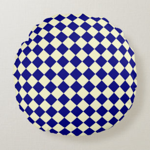 Blue Yellow Chequered Diamond Pattern  Round Cushion