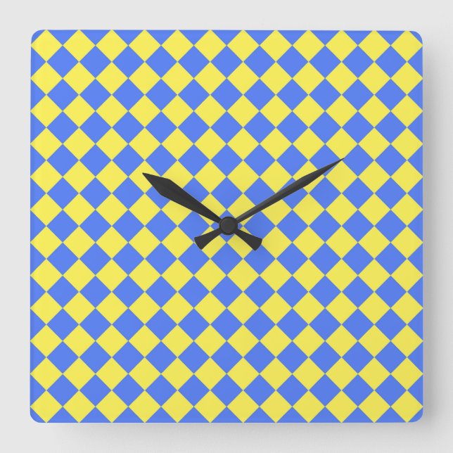 Blue Yellow Chequered Diamond Pattern Square Wall Clock (Front)