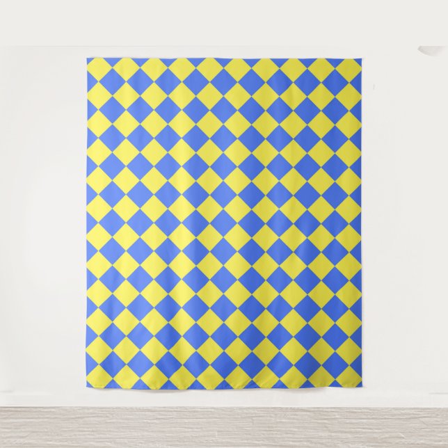 Blue Yellow Chequered Diamond Pattern  Tapestry (Front)