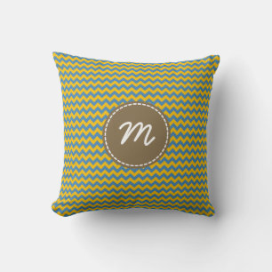 Blue Yellow Chevron Pattern Custom Monogram Cushion