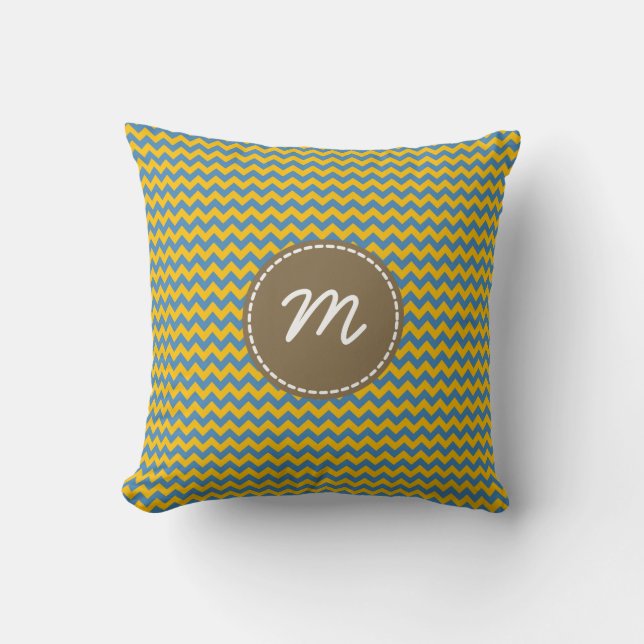 Blue Yellow Chevron Pattern Custom Monogram Cushion (Front)