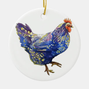 Blue Yellow Chicken Watercolor Painting Decorative Ceramic Ornament