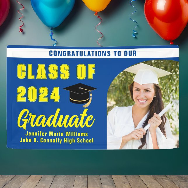 Blue Yellow Class of 2024 Graduation Photo Party Banner (Creator Uploaded)