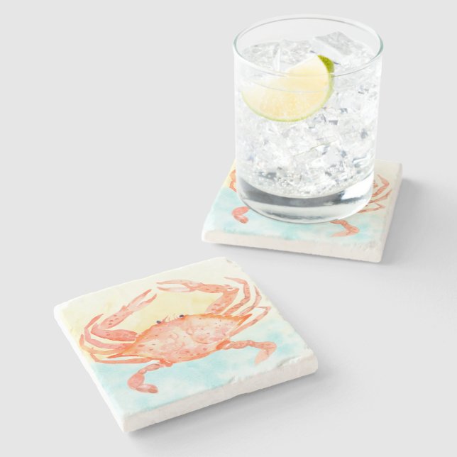 Blue Yellow Crab Watercolor Stone Coaster (Side)