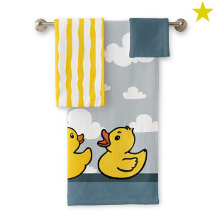Blue Yellow Cute Rubber Duck Stripes Sky Clouds Bath Towel Set
