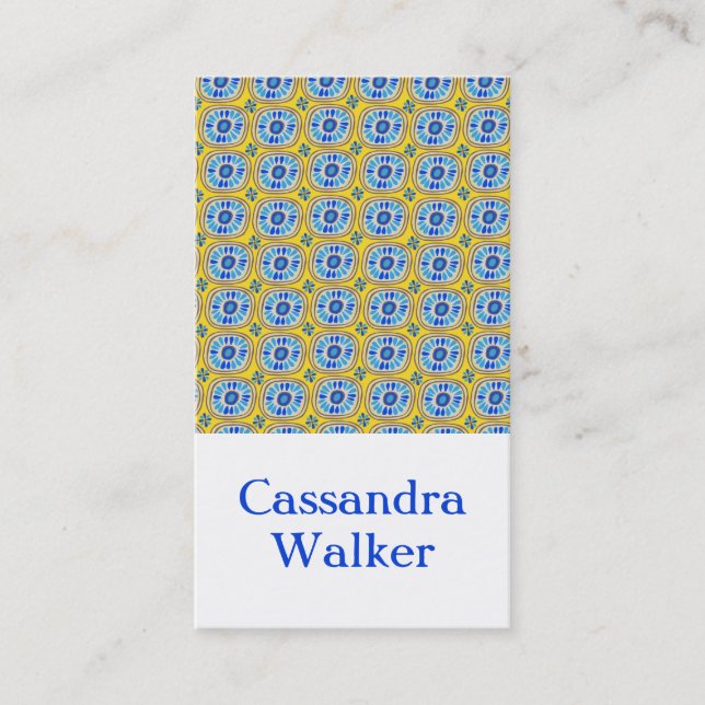 Blue Yellow Daisy Retro Tiles Geometric Business Card (Front)
