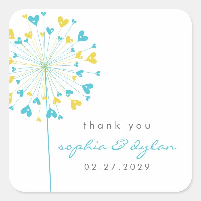 Blue & Yellow Dandelion Flower Love Hearts Wedding Square Sticker (Front)