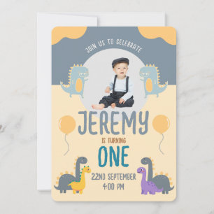 Blue Yellow Dinosaur Photo First Birthday Invitation
