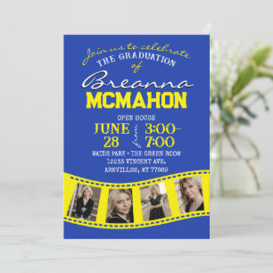 Blue & Yellow Filmstrip 5 Photo Graduation Invitation