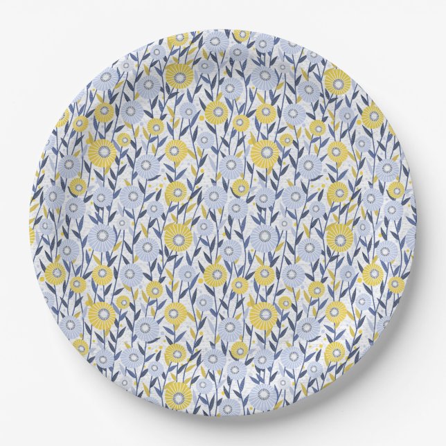 Blue Yellow Floral Blooms, Wildflowers, Daisies Paper Plate (Front)
