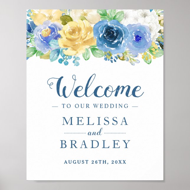 Blue Yellow Floral Botanical Garden Wedding Sign (Front)