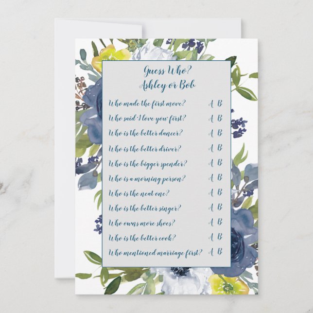 Blue Yellow Floral Bridal Shower Game Card (Front)
