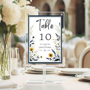 Blue Yellow Floral Elegant Wedding Table Number