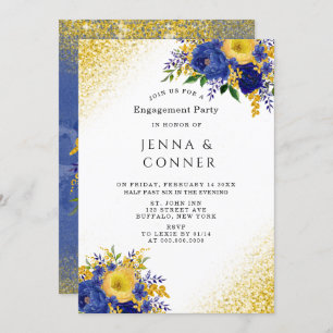 Blue Yellow Floral Gold Glitter Engagement Party  Invitation