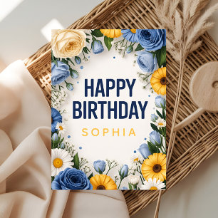 Blue & Yellow Floral Happy Birthday Card