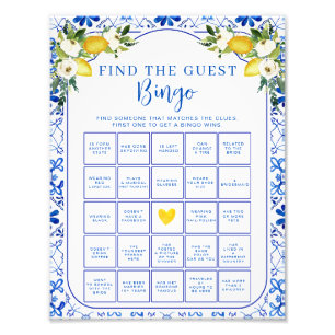 Blue Yellow Floral Lemon Bridal Shower Bingo Sheet Photo Print