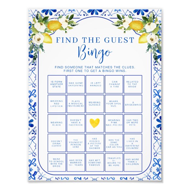 Blue Yellow Floral Lemon Bridal Shower Bingo Sheet Photo Print (Front)