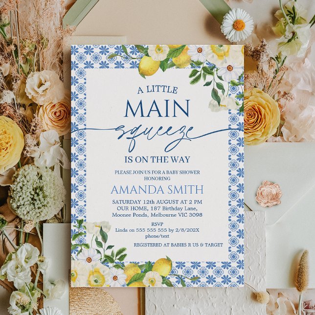 Blue Yellow Floral Lemon Main Squeeze Baby Shower Invitation (Lemon Baby Shower Invitation Template, Main Squeeze Baby Shower Invitation Yellow Floral Blue Tiles)