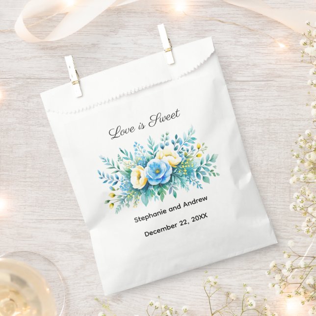 Blue Yellow Floral Love Is Sweet Wedding Favour Bag (Clipped)