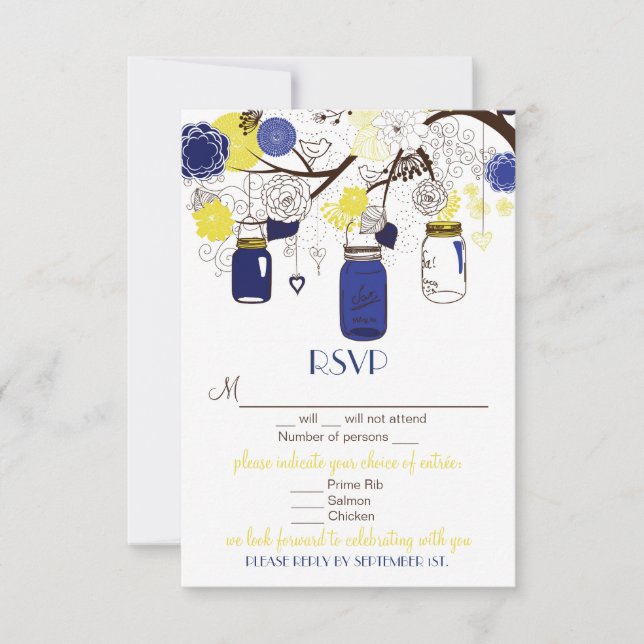 Blue & Yellow Floral Mason Jars RSVP Wedding Card (Front)