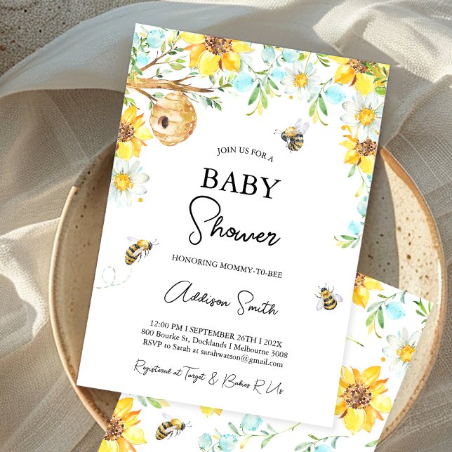 Blue Yellow Floral Mommy To Bee Baby Shower Invitation (Boys Mommy-To-Bee Bee Themed Baby Shower Invitation Floral Bumble Bee baby Shower Invite, Honey Bee)