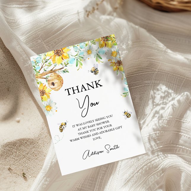 Blue Yellow Floral Mommy To Bee Baby Shower Thank You Card (Boys Mommy-To-Bee Bee Themed Baby Shower Thank You Card, Floral Bumble Bee baby Shower Thank You)
