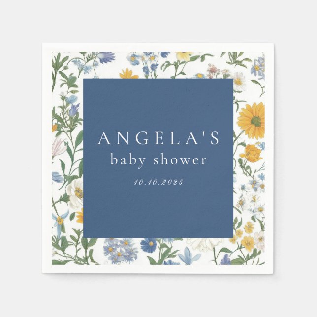 Blue & Yellow Floral Rustic Baby Shower Napkin (Front)