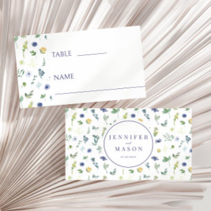 Blue yellow floral rustic wedding Flat Place Card