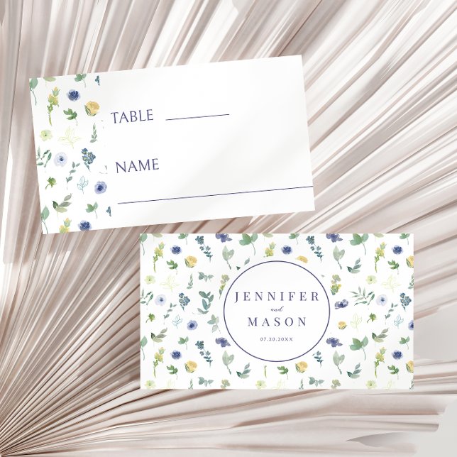 Blue yellow floral rustic wedding Flat Place Card (Creator Uploaded)