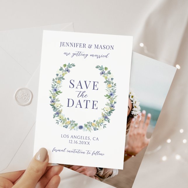 Blue yellow floral Save the Date photo invitation (Creator Uploaded)