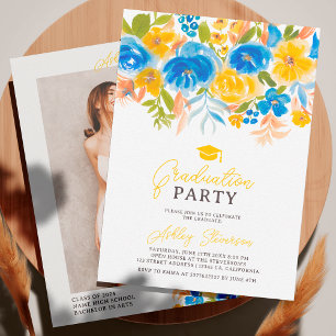 Blue yellow floral watercolor photo graduation invitation