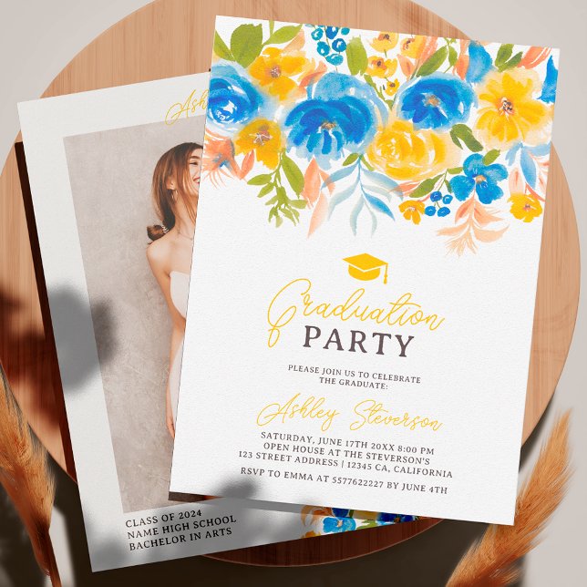 Blue yellow floral watercolor photo graduation invitation (Blue yellow floral watercolor photo graduation invitation)