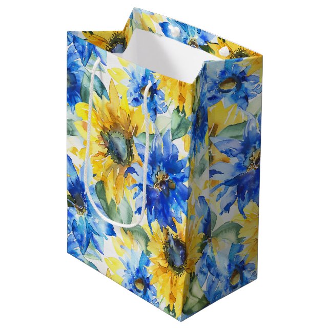 Blue Yellow Flowers Bridal Shower Medium Gift Bag (Front Angled)