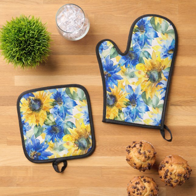 Blue Yellow Flowers Bridal Shower Oven Mitt & Pot Holder Set (Top Down)