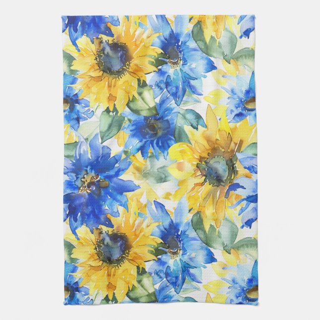 Blue Yellow Flowers Bridal Shower Tea Towel (Vertical)
