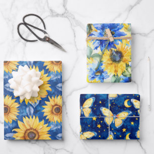 Blue Yellow Flowers Butterflies Birthday Wrapping Paper Sheet