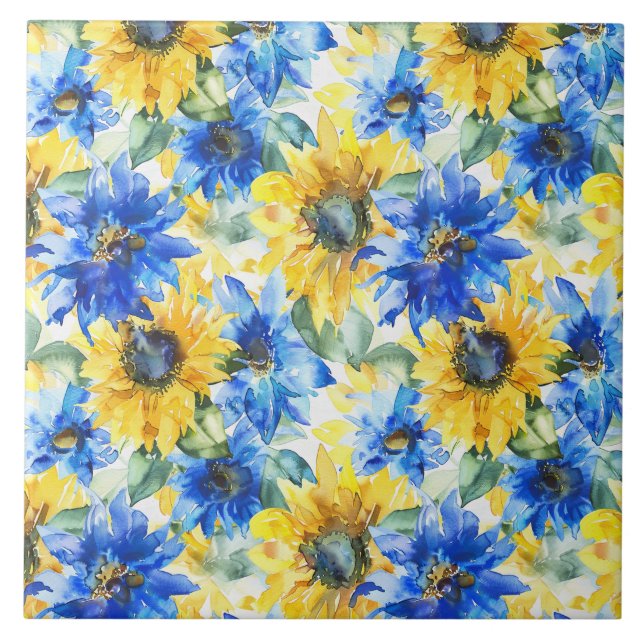 Blue Yellow Flowers   Ceramic Tile (Front)