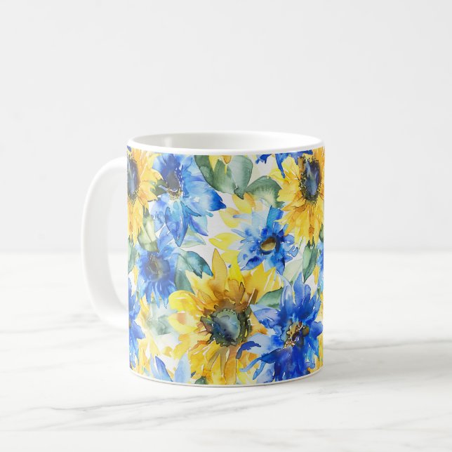 Blue Yellow Flowers Coffee Mug (Front Left)