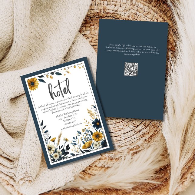 Blue Yellow Flowers Formal Elegant Wedding Hotel Enclosure Card (Blue Yellow Formal Elegant Wedding Hotel Information Card with hotel details and reservation info.)