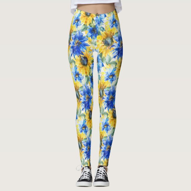 Blue Yellow Flowers   Leggings (Front)