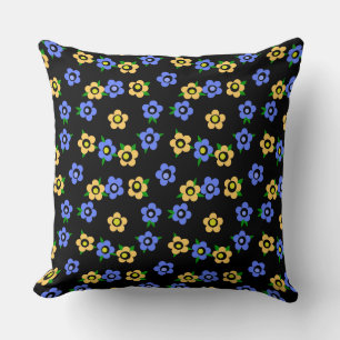 Blue yellow flowers on black background retro cushion