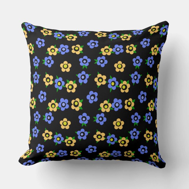 Blue yellow flowers on black background retro cushion (Front)