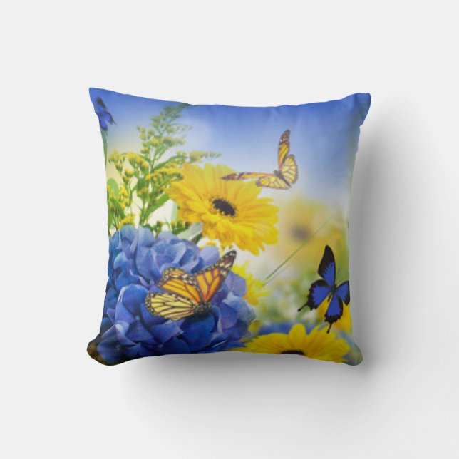 Blue Yellow Flowers With Butterflies Cushion (Front)