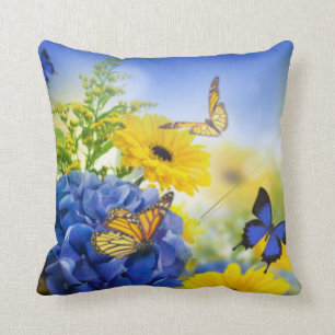 Blue Yellow Flowers With Butterflies Cushion
