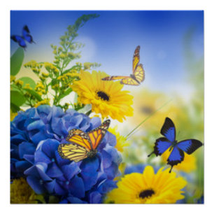 Blue Yellow Flowers With Butterflies Poster