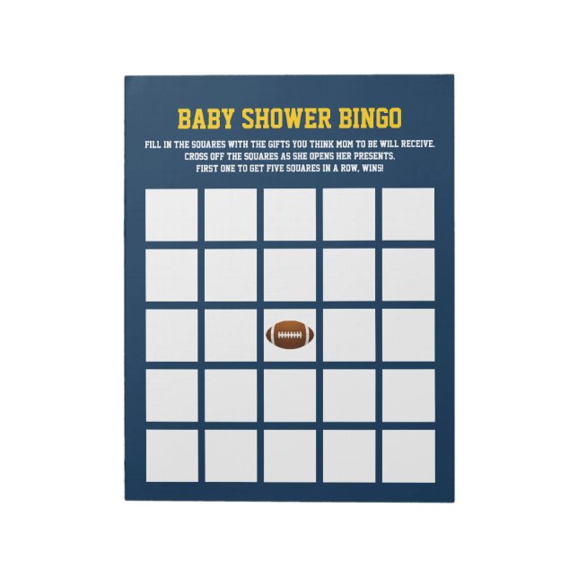 Blue Yellow FOOTBALL baby shower BINGO GAME Notepad (Rotated)