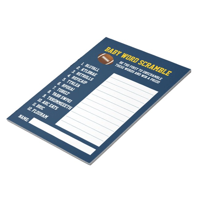 Blue Yellow FOOTBALL baby shower GAME Notepad (Angled)