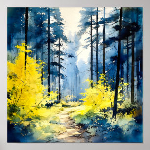 Blue Yellow Forest Painting Poster