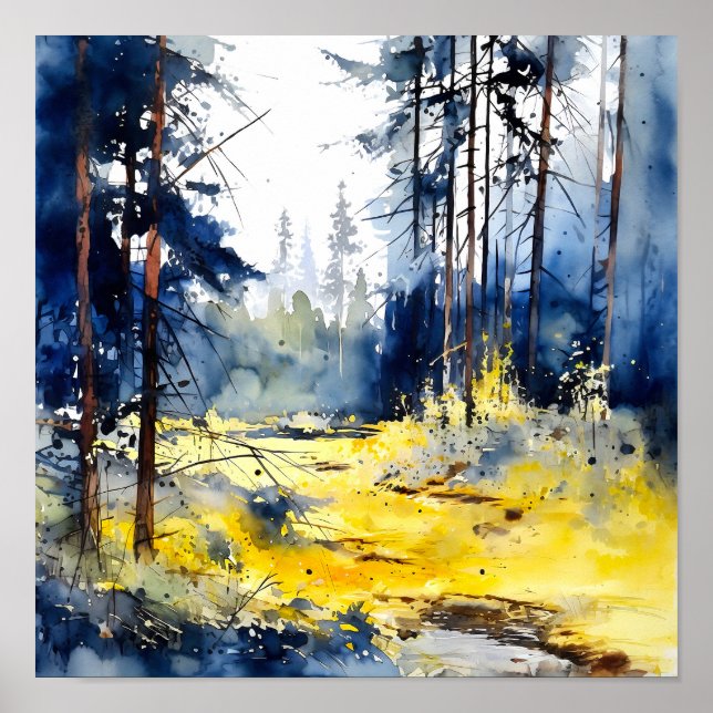Blue Yellow Forest Painting Poster (Front)