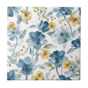 Blue Yellow Garden Flowers Botanical Pattern Ceramic Tile